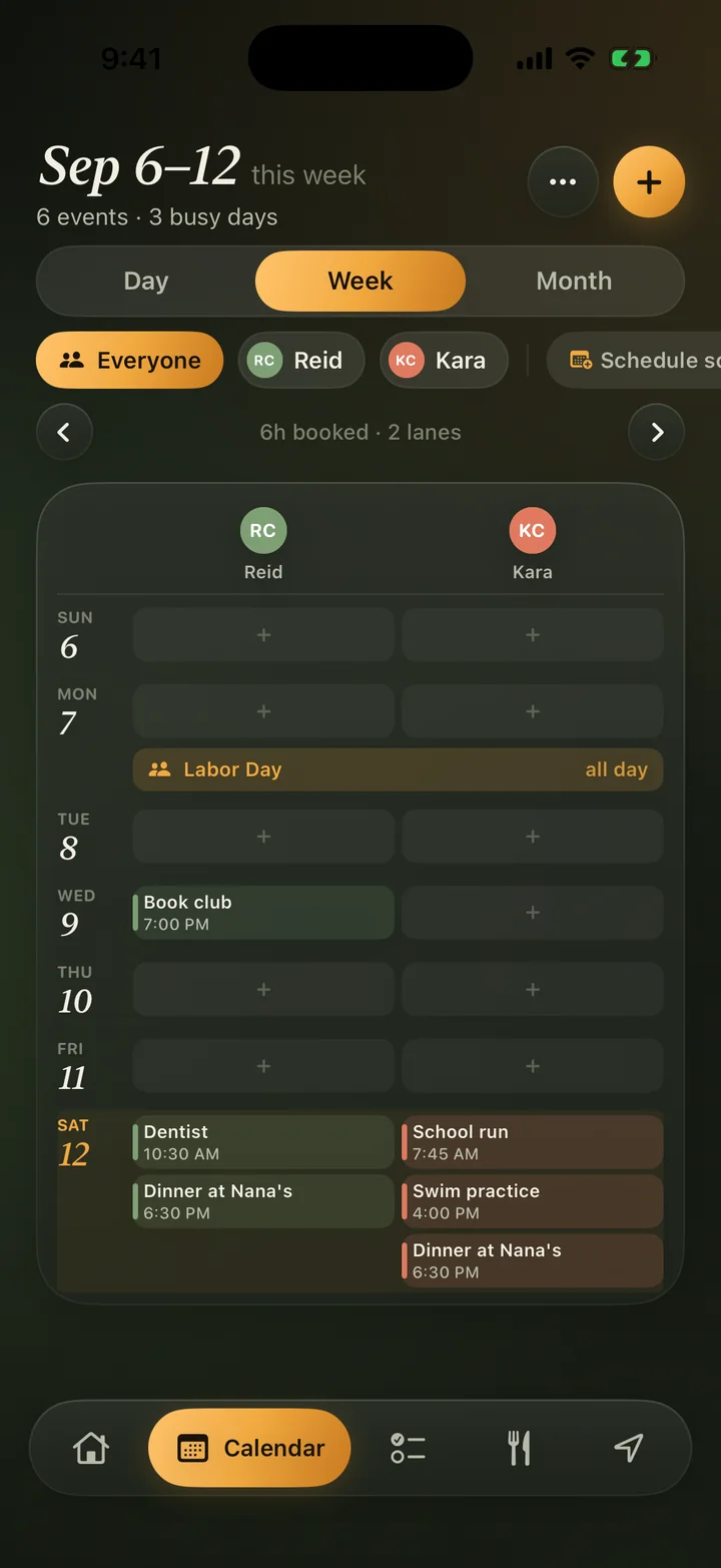 Week view with a lane for each family member