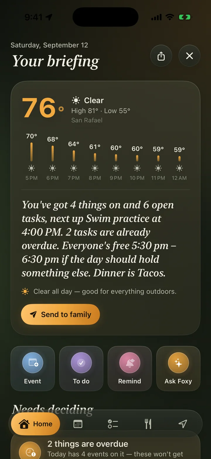 Morning briefing screen with weather and the day's summary