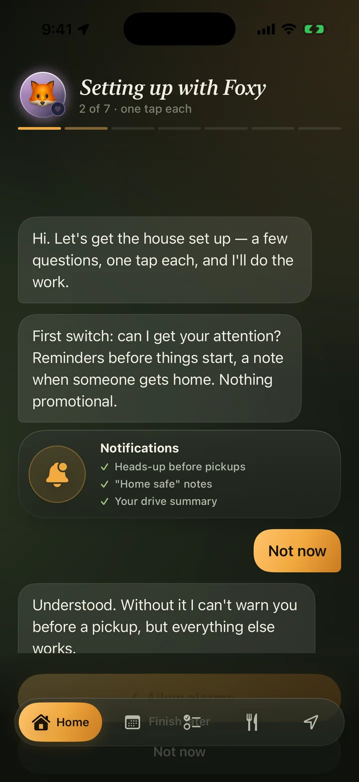 Setting up with Foxy, a guided chat that configures the app