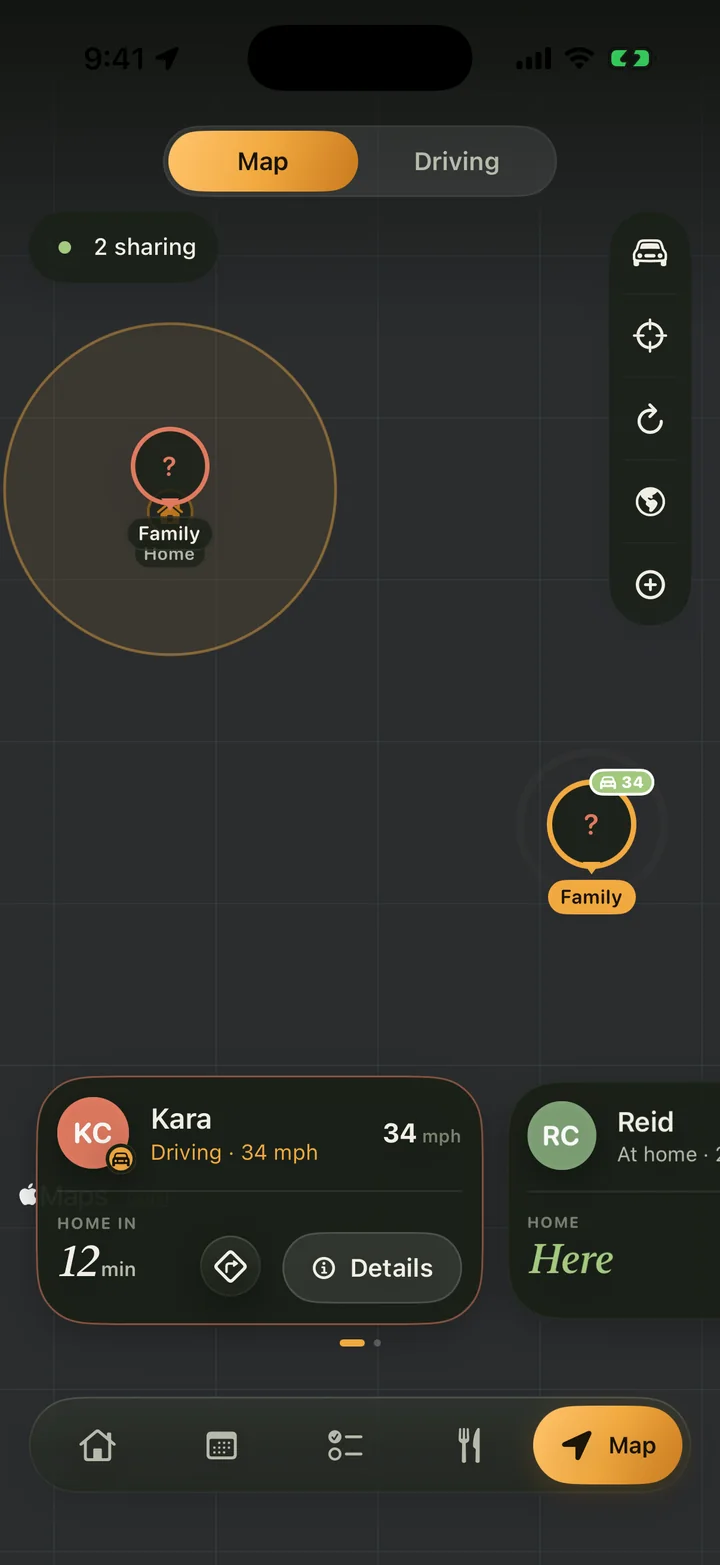 Family map showing who is home and who is driving