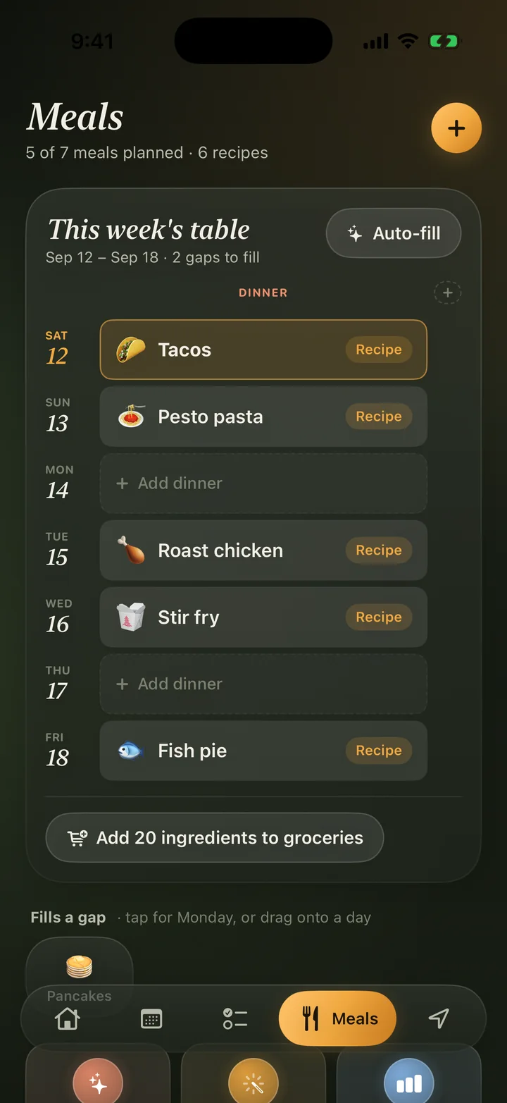 Meals screen showing this week's dinners and recipes